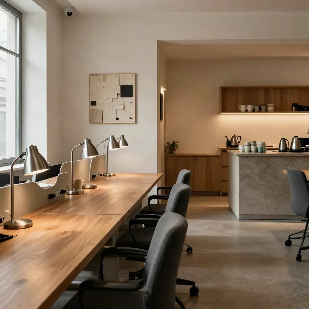 Lange coworkingruimte met lege stoelen, houten bureaus en een warme koffiehoek in zacht daglicht.