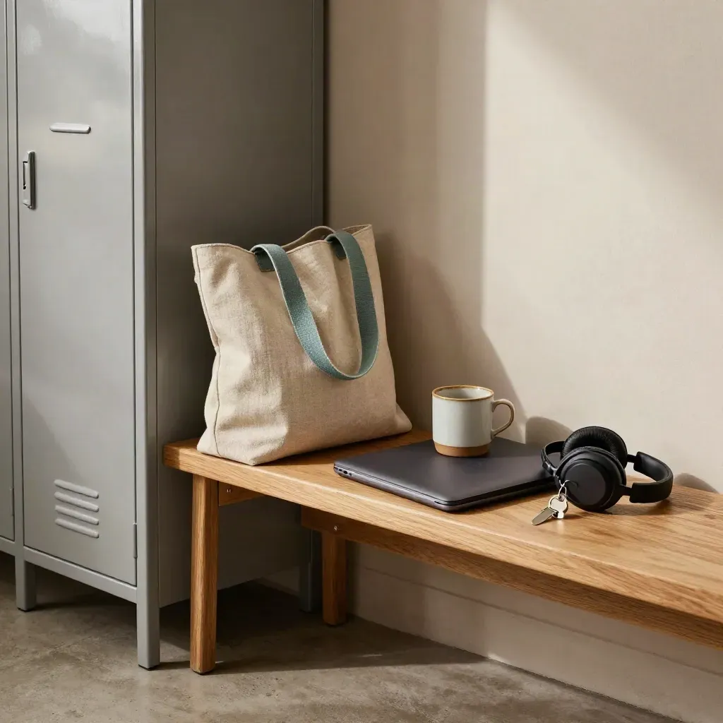 Open lockerbank met tas, laptophoes, mok, koptelefoon en sleuteltag in coworkingruimte.
