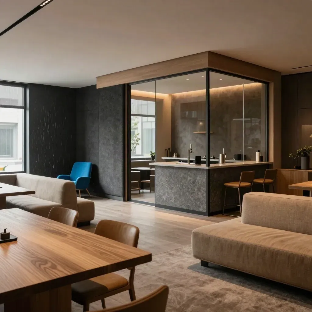 Lege coworkingruimte met houten tafels, glazen kamers en zacht ochtendlicht.