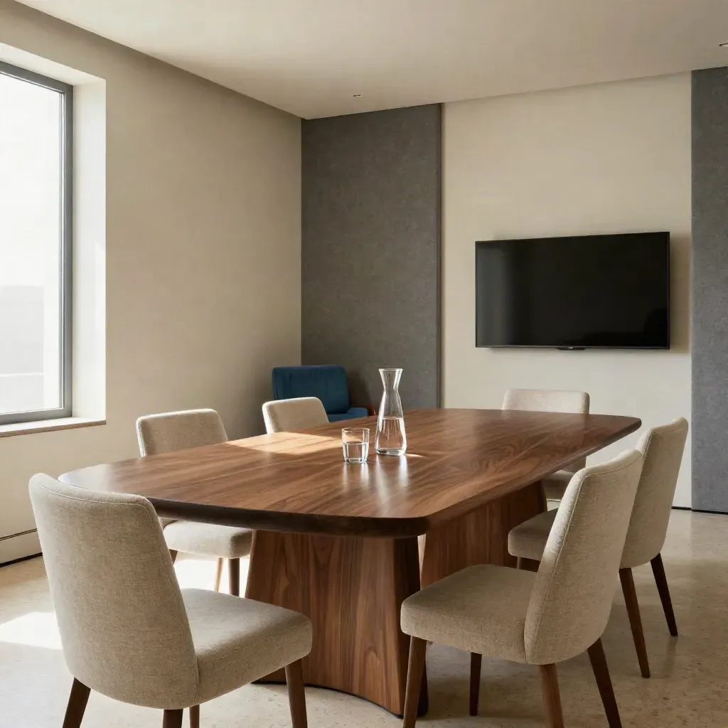 Lege vergaderruimte met walnotenhouten tafel, stoelen, karaf, glazen en akoestische panelen.