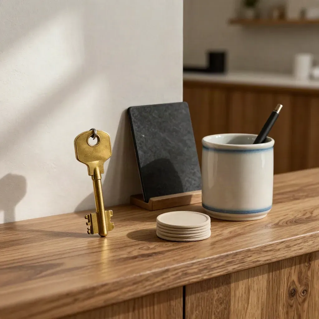 Brass key, stapel room tokens en gesloten tabletstandaard op warme balie in zacht daglicht.