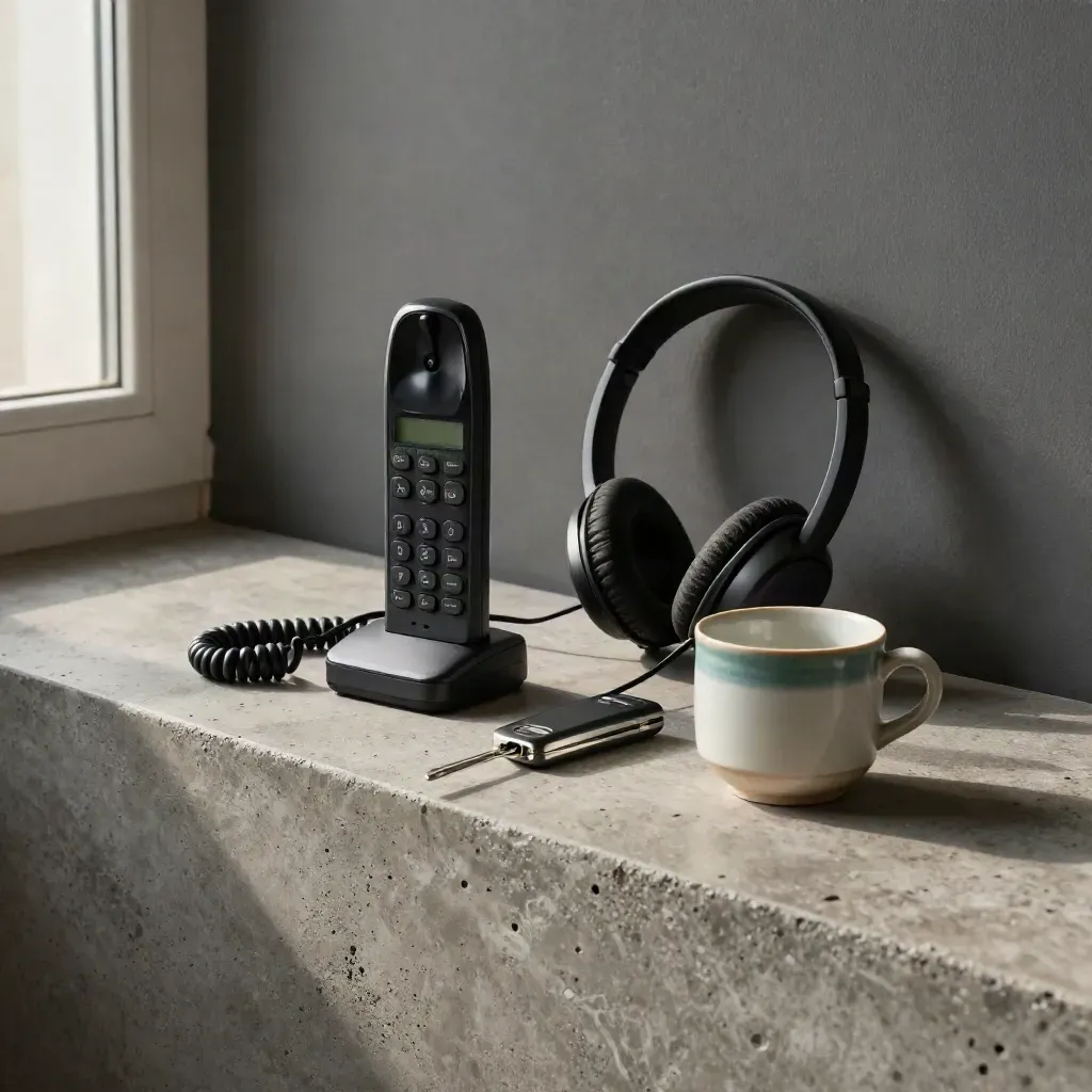 Stil leven met telefoondock, headset, sleutelhanger en keramische beker op ruw beton.