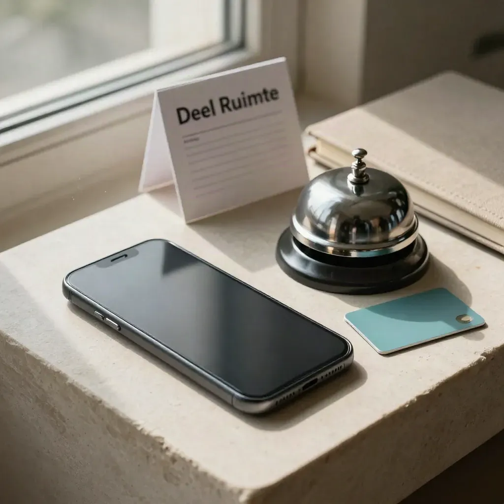 Bovenaanzicht van telefoon, bel, keycard en notitieboek op lichte steen met zacht teal accent.
