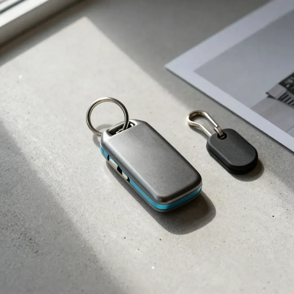 Spare sleutelhanger, ruimtetoken, deurstop en metalen clip op beton, van boven gefotografeerd.
