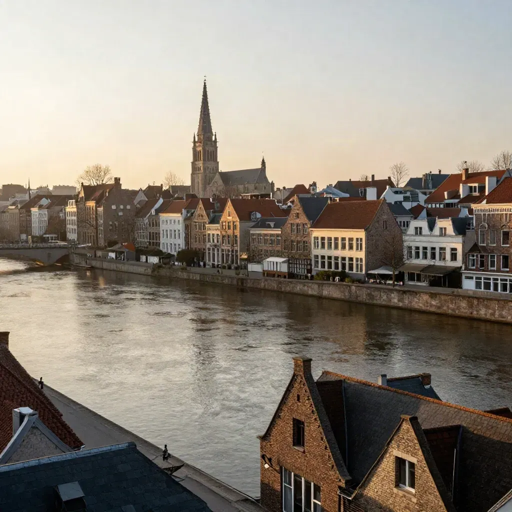 Utrecht skyline met Domtoren boven de rivier in warm gouden avondlicht en lichte mist.