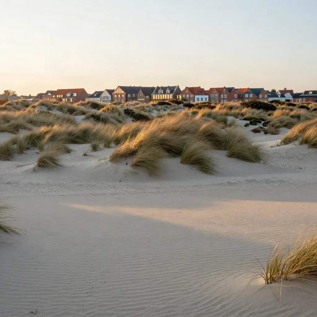 Duinen bij Den Haag met verre daken in warm avondlicht en veel rustige zandruimte.
